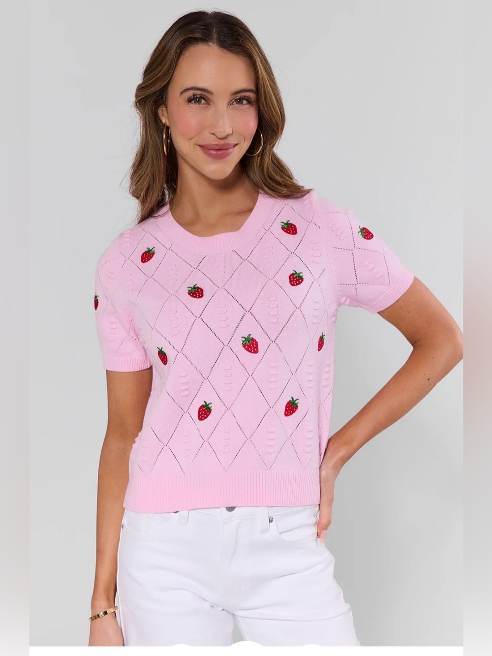 NWT Entro Avara Exclusive Pink Strawberry Embroidered Short-Sleeve Knit Top XS
